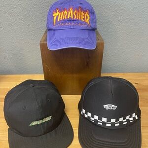 Lot of 3 Skateboarding Hats, Vans Off the Wall, Thrasher Flames, Santa Cruz